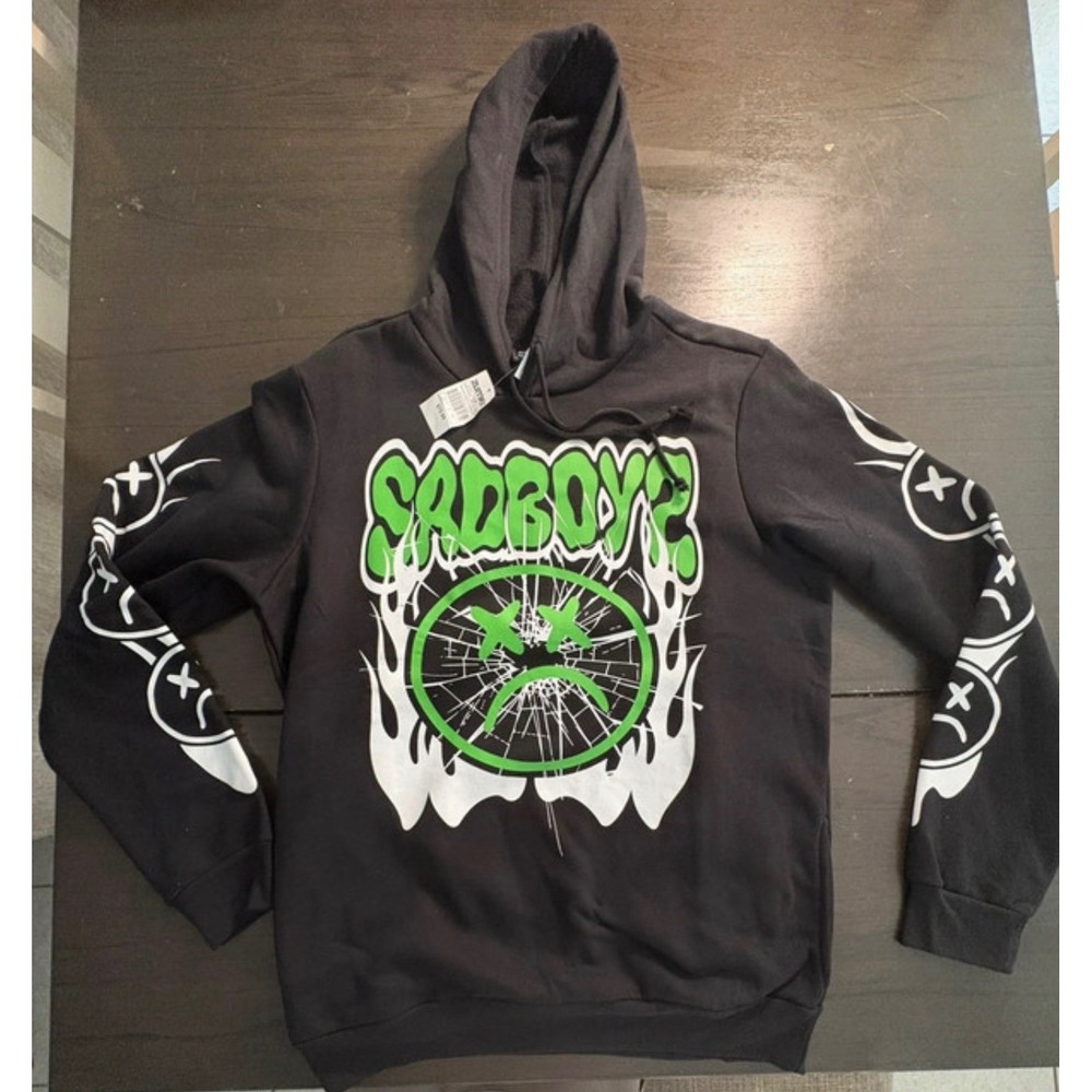 Sad Boyz by Junior H Web PO Hoodie Black Green Graphic Streetwear Mens Large NWT